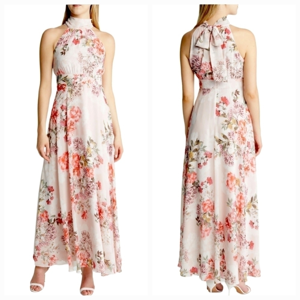New Eliza J Blush Pink Chiffon Floral Halter Maxi Dress